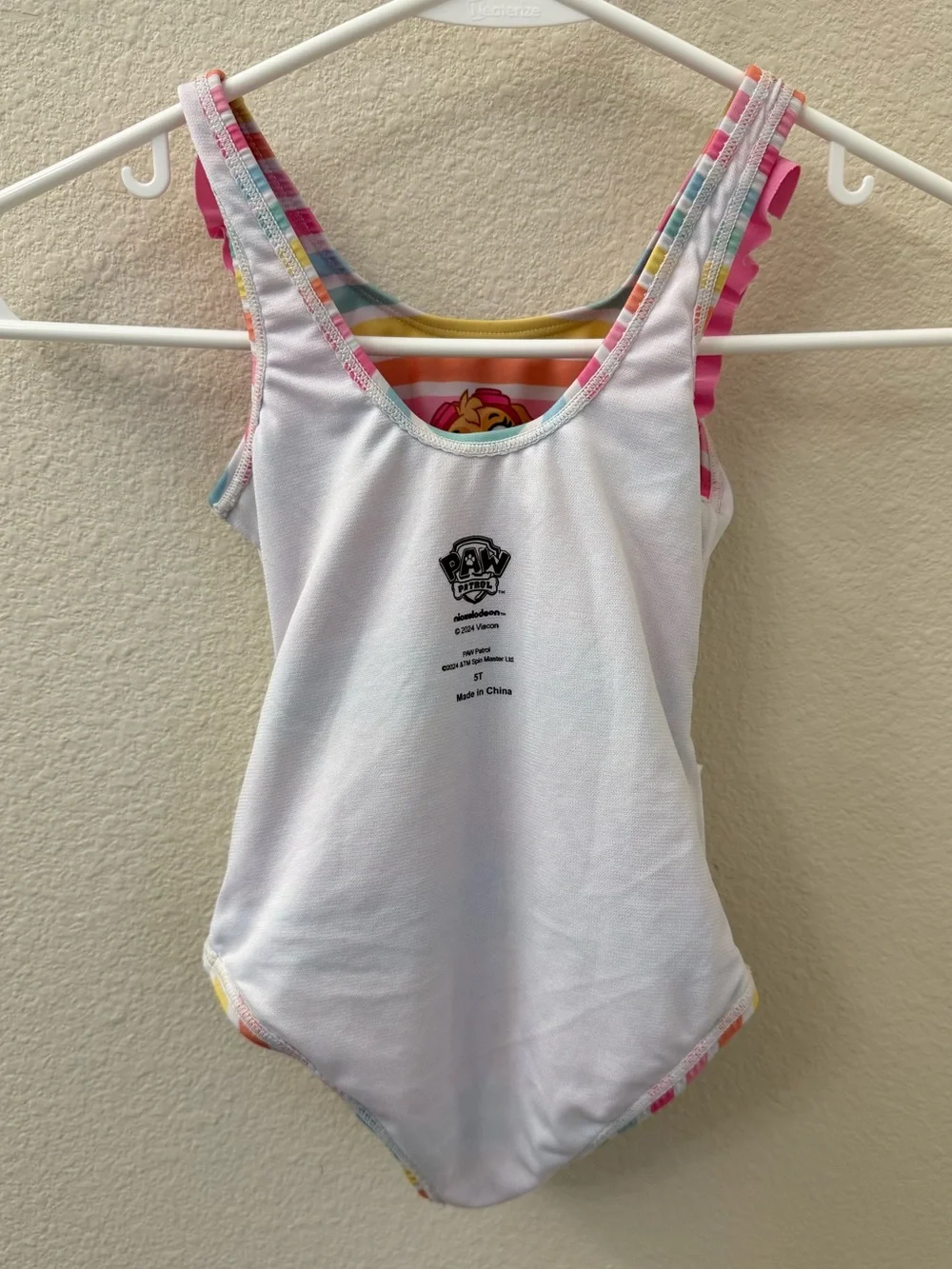 Paw Patrol Rainbow Stripe One-Piece Swimsuit with Pink Ruffles